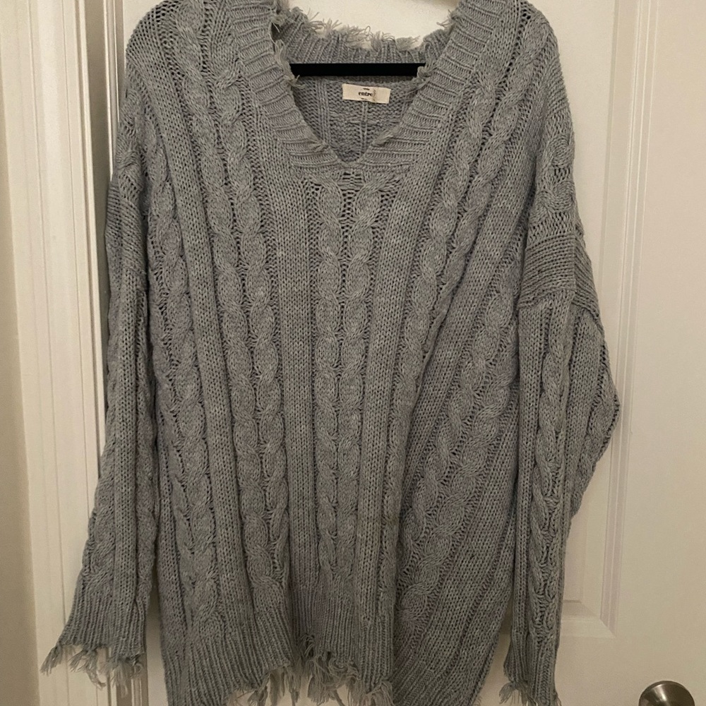 Gray fringe v-neck sweater